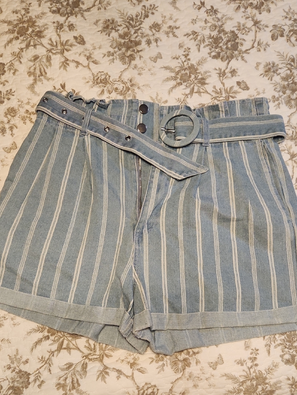 Le Lis Blue and White Striped High-Waist Paperbag Shorts with Belt